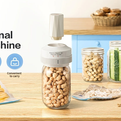 The Wireless Mason Jar Vacuum Sealer Kit includes an Electric Vacuum Sealer, 10 Lids, and 1 Opener for Mason Jars, perfect for preserving food freshness.