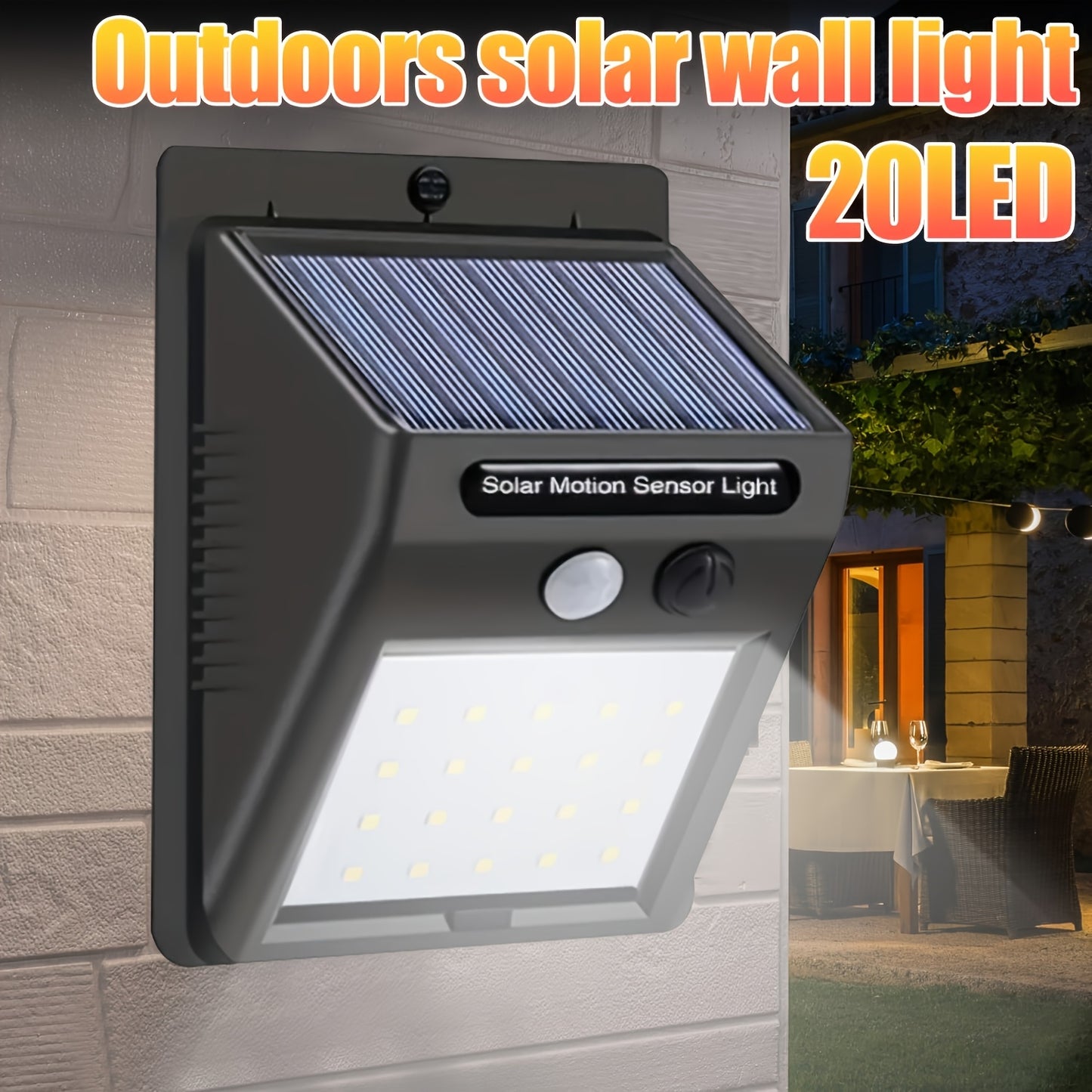 Outdoor solar motion sensor light with 120° wide angle lighting is suitable for courtyard, garden, garage, driveway, sidewalk, and patio deck.