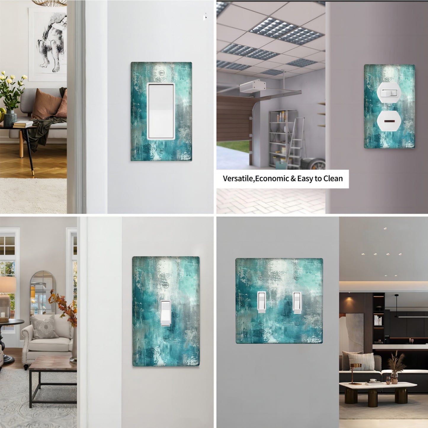 Modern abstract turquoise & grey light switch cover made of unbreakable polycarbonate. Decorative single toggle wallplate for easy installation in bedroom, kitchen, or bathroom with no wiring required.