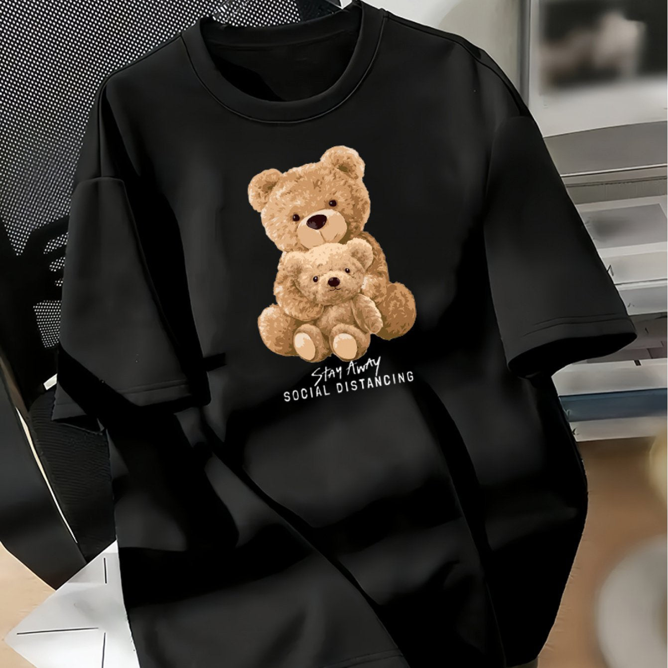 Women's casual crew neck T-shirt with cartoon bear print, made of 100% cotton. Loose fit knit fabric for all-season comfort, no chest pad or lining.