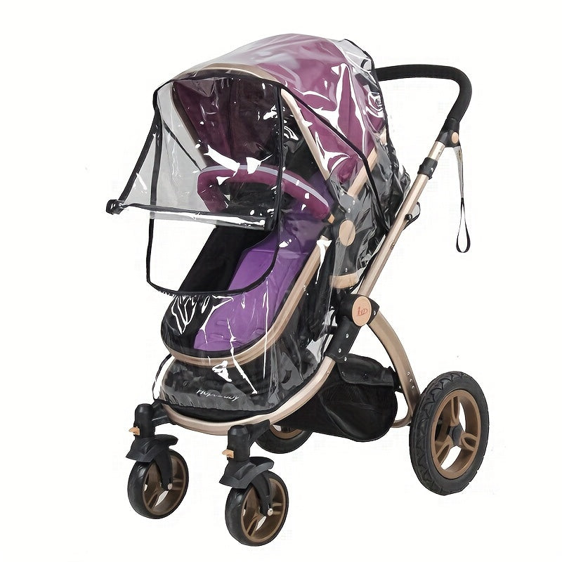 Transparent rain cover for strollers with windproof, dustproof, and rainproof canopy, featuring a black zipper.