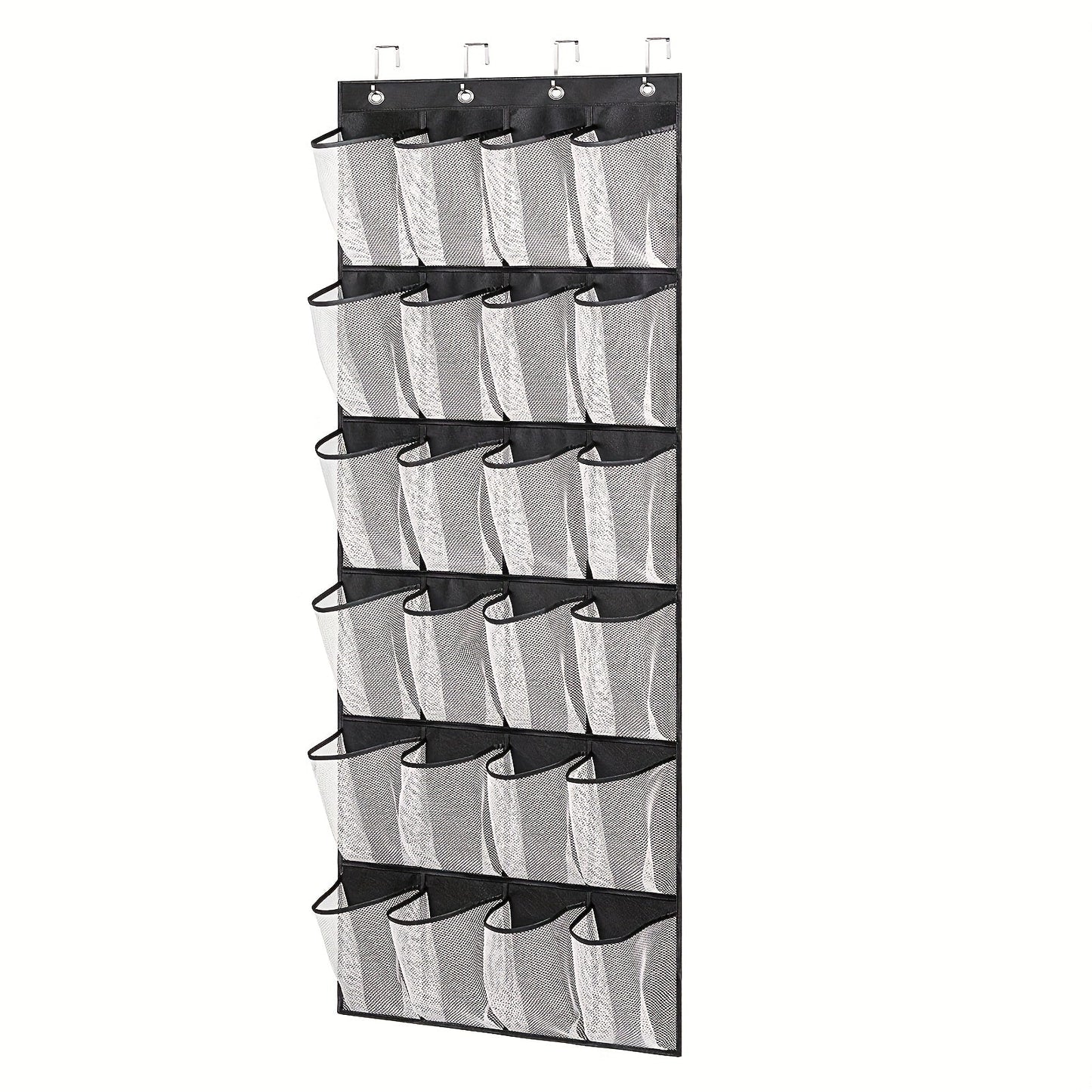 Get organized with our 1-piece over-the-door hanging shoe storage bag featuring 24 mesh pockets. This folding closet storage rack is perfect for storing socks, bras, and other household items, helping you save space in your bedroom, bathroom, office