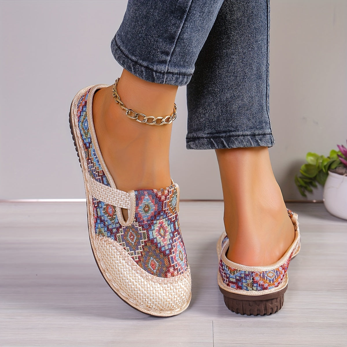 Geometric Closed Toe Mules for Women, Round Toe Non-slip Linen Cloges