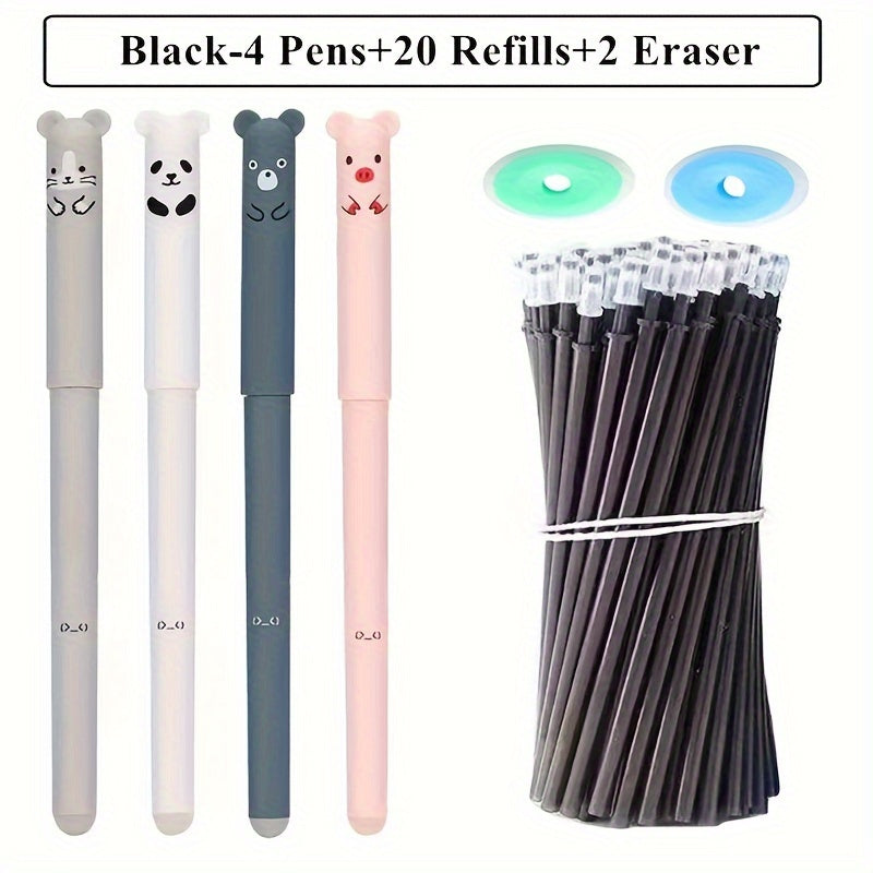 26pcs Kawaii Erasable Gel Pens with Washable Handle, 0.35mm Blue Black Ink, School Office Supplies