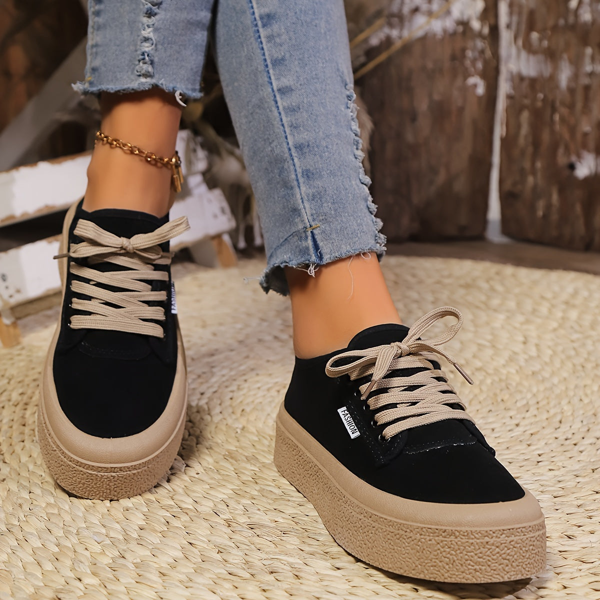 Chunky platform sneakers for women with summer canvas fabric, lace-up design, solid color, rubber sole, and non-washable.