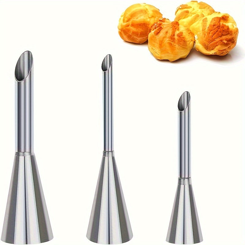 Professional Stainless Steel Long Cream Puff Nozzle Decor Set with 3 Pieces of Cream Icing Piping Nozzle Tips, Small Pastry Icing Piping Decorating Tools, Baking Supplies, and Kitchen Items