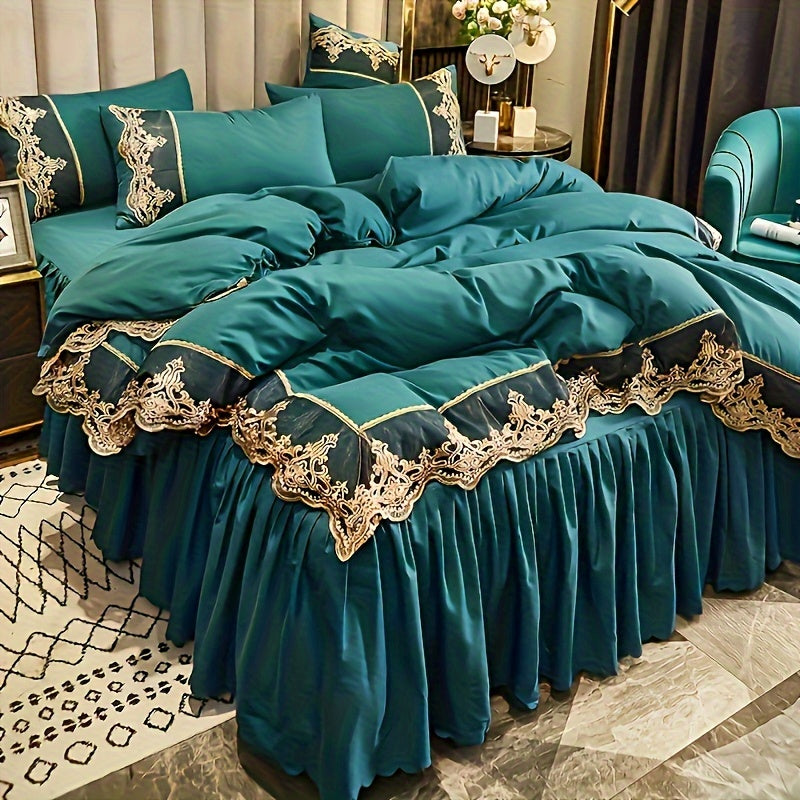 Lace bedding set in various colors with quilt cover and matching pillowcase. Available in two or three piece set.