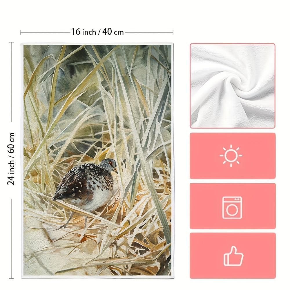 This set includes 2 ultra-soft kitchen towels that feature the gentle sound of a quail concealed in the grass. These highly absorbent dish towels are ideal for holiday decoration and can be easily washed in the machine. They measure 40.64x60.96 cm.