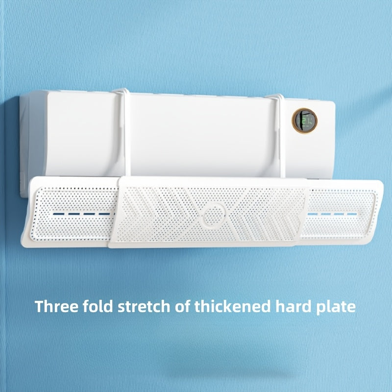 Adjustable airflow deflector with honeycomb ventilation, no power required. Stretchable AC outlet wind blocker for comfortable indirect airflow control. 3-in-1 accessory.