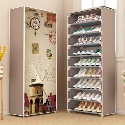 Stylish and durable shoe cabinet with dust cover, featuring a fabric cover with zipper. This shoe rack is perfect for hallways, closets, and garages. The free-standing metal shoe storage rack comes in various patterns.