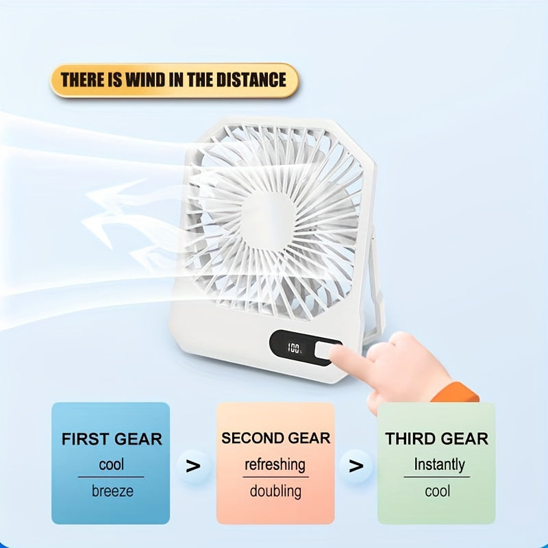 Introducing the 1pc Portable USB Desktop Fan with Digital Display. This 3-speed 6-inch mini cooling fan offers 180° silent operation and is perfect for indoor and outdoor use. With button control and a rechargeable lithium battery, it's ideal for home