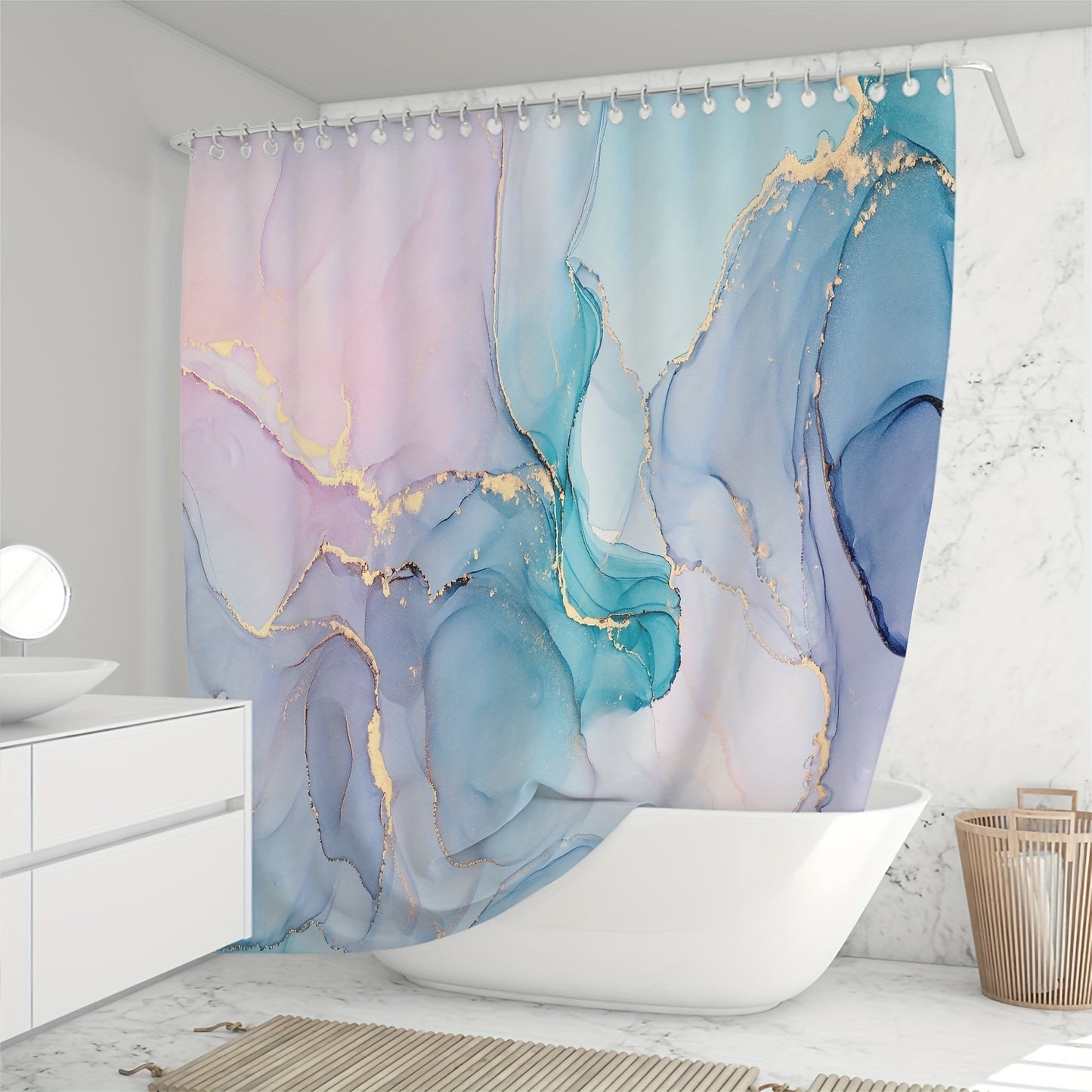 Dreamy marble gilded pattern bathroom window curtain with plastic hooks. Suitable for rooms, families, and hotels. Machine washable and waterproof.