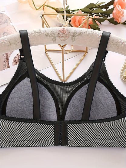 Wireless push-up bra with textured mesh contrasts, comfortable and sexy.