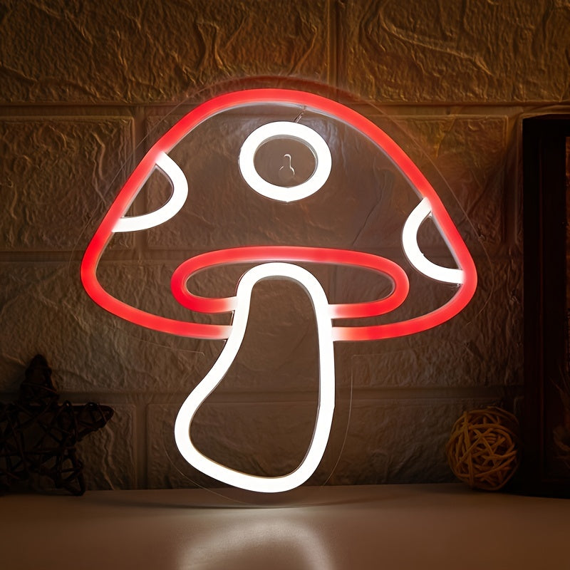 USB-powered LED neon mushroom sign for game room or bedroom decor.