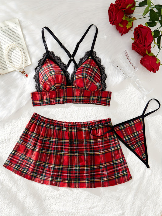 3pc Set of Women's Sexy Plaid Lingerie for Role Play