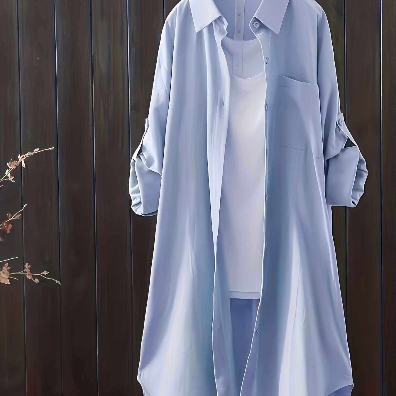 Women's casual oversized shirt with lapel collar, button detail, and solid color. Made of 95% polyester and 5% spandex blend. Non-stretch woven fabric suitable for all seasons. Plus size