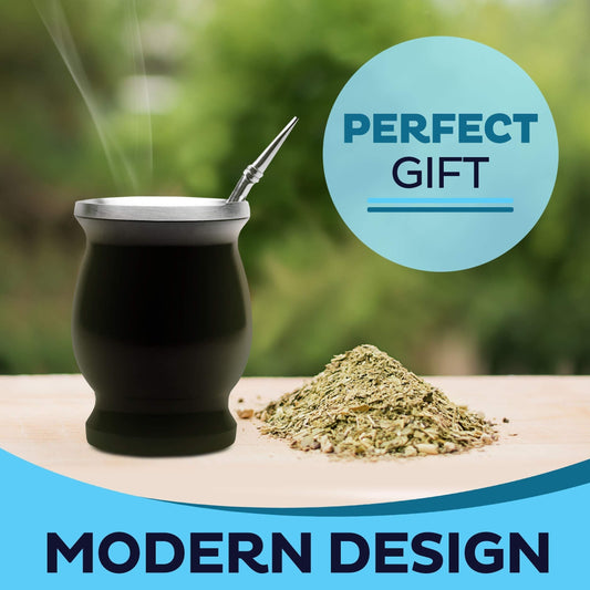 8oz stainless steel Yerba Mate cup and bombilla set, includes brush and straw. Perfect for enjoying Yerba Mate at home or on the go. Ideal birthday gift.