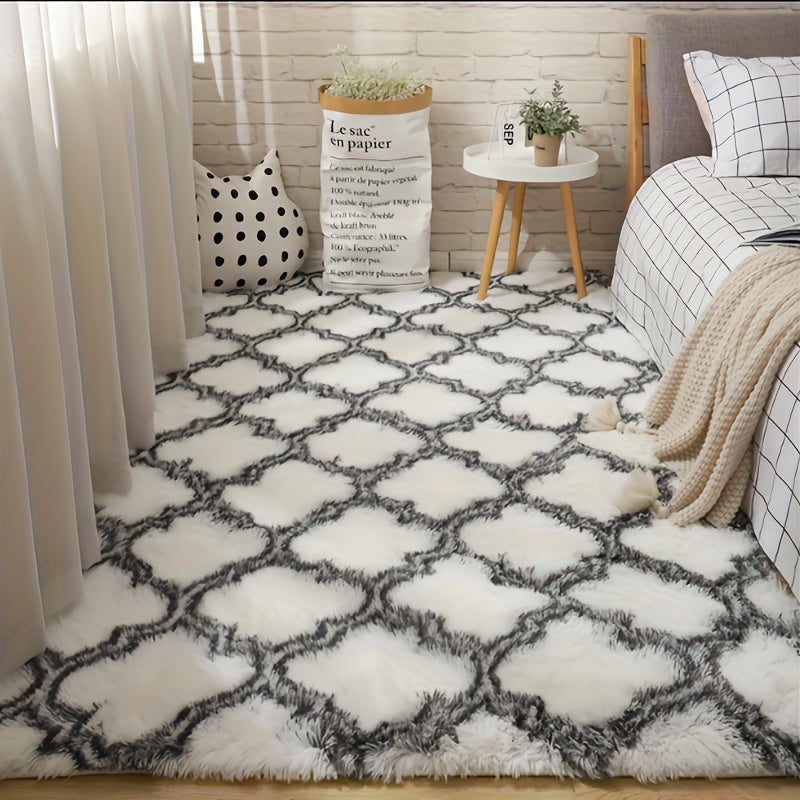 1 piece of a fluffy long pile area rug, designed with a non-slip feature and soft material. Perfect for adding a cozy Nordic style to your home decor, ideal for placing in the living room, sofa area, or by the bay window as a soft bedroom bedside carpet.