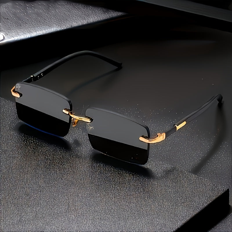 One pair of men's square rimless glasses in black with mirrored PC lens and metal frame for casual hip hop fashion.