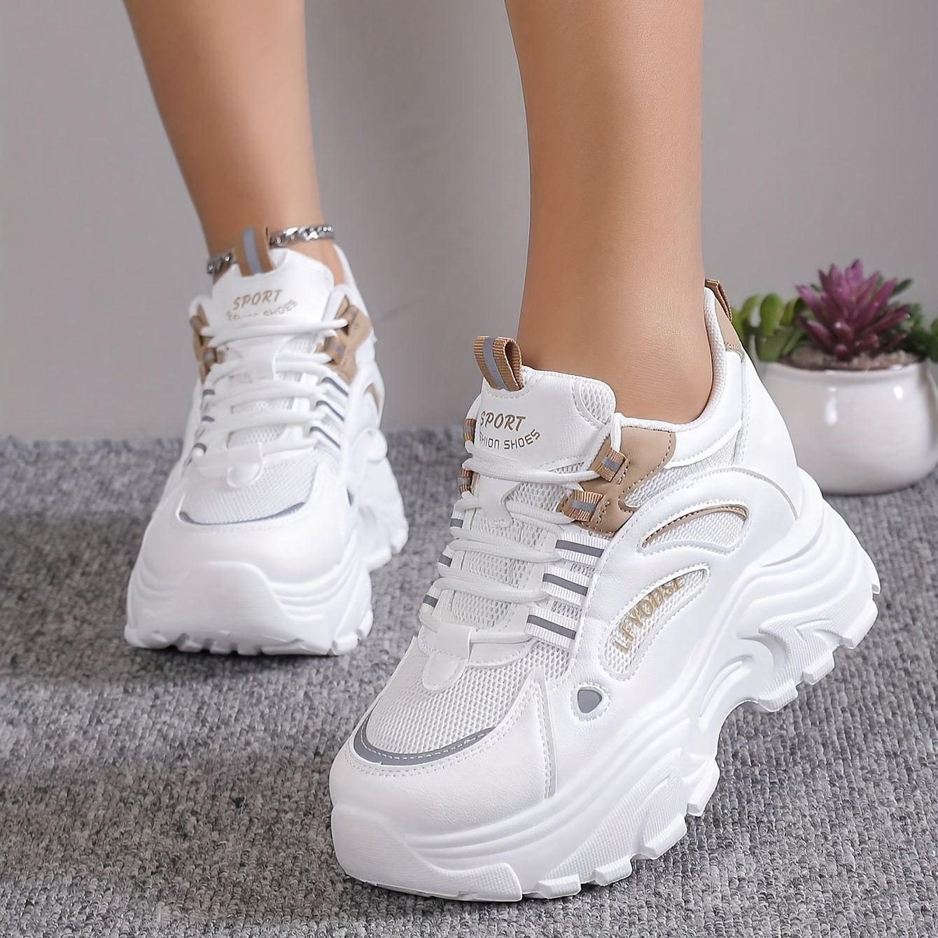 Chunky sneakers with breathable mesh and height increase for women, trendy walking shoes.