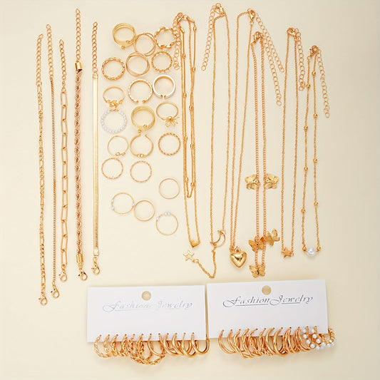 This collection consists of 56-24 stylish pieces showcasing vintage, exquisite, elegant, and minimalist designs with a variety of elements such as moons, stars, butterflies, hearts, flowers, and spiral twists. This trendy jewelry set for women includes