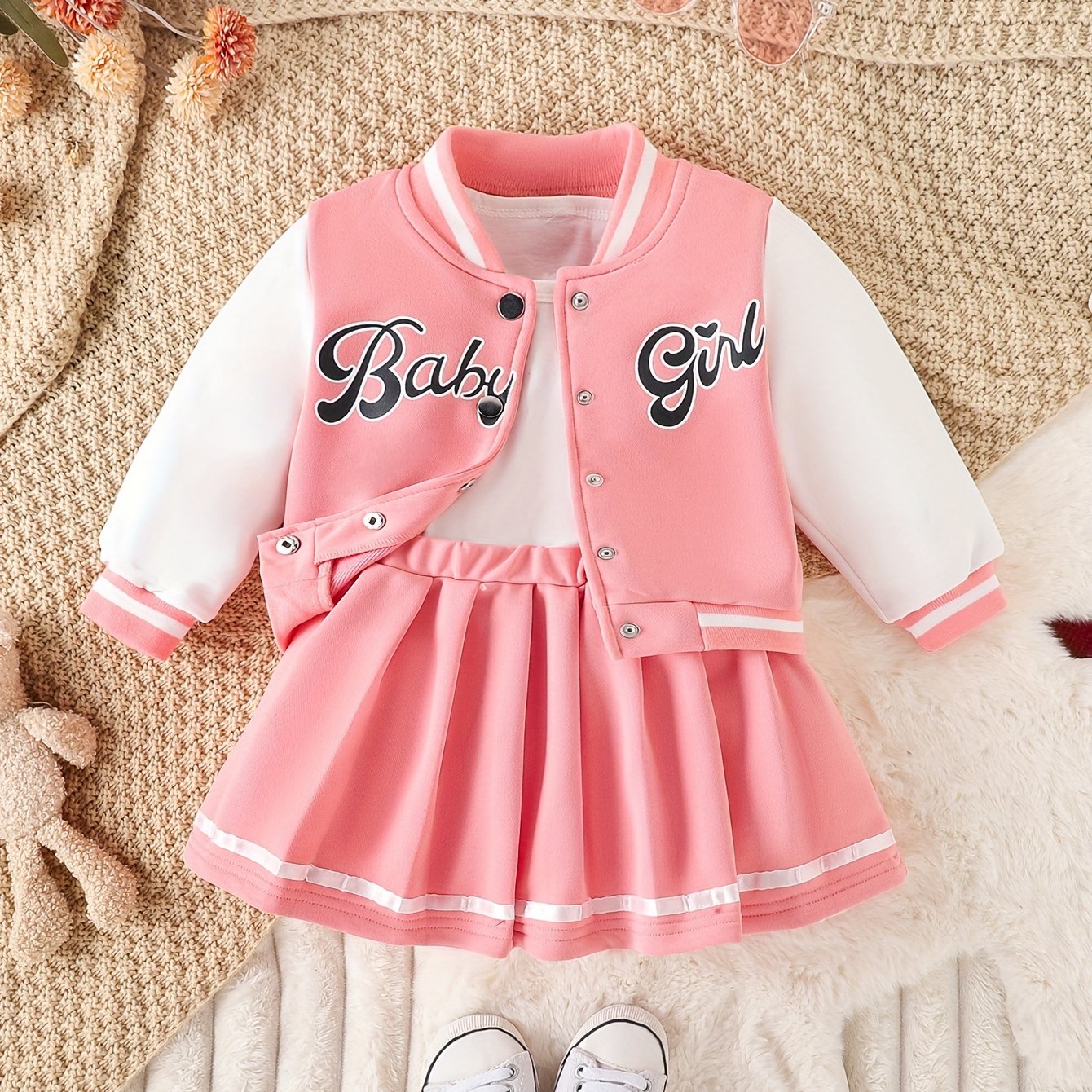 Preppy Style 2-piece BABY GIRL Print Baseball Jacket and Pleated Skirt Set for Parties and Sports, a perfect gift idea.