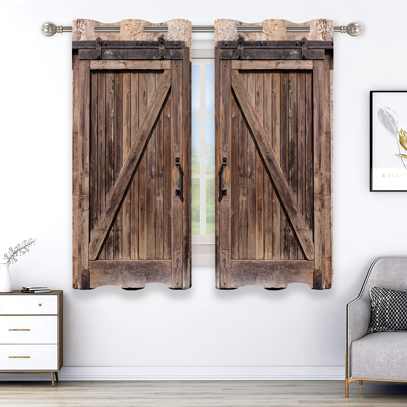 Set of 2 Rustic Curtains with Wooden Door Design, Ideal for Bathroom, Living Room, Bedroom, Window Treatments, and Home Décor