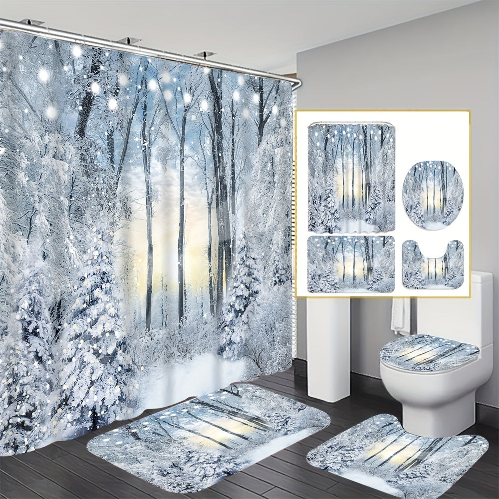 Winter snow scene shower curtain set includes waterproof curtain, floor mat, toilet seat cover, bathroom mat, 12 plastic hooks, and home decorations.