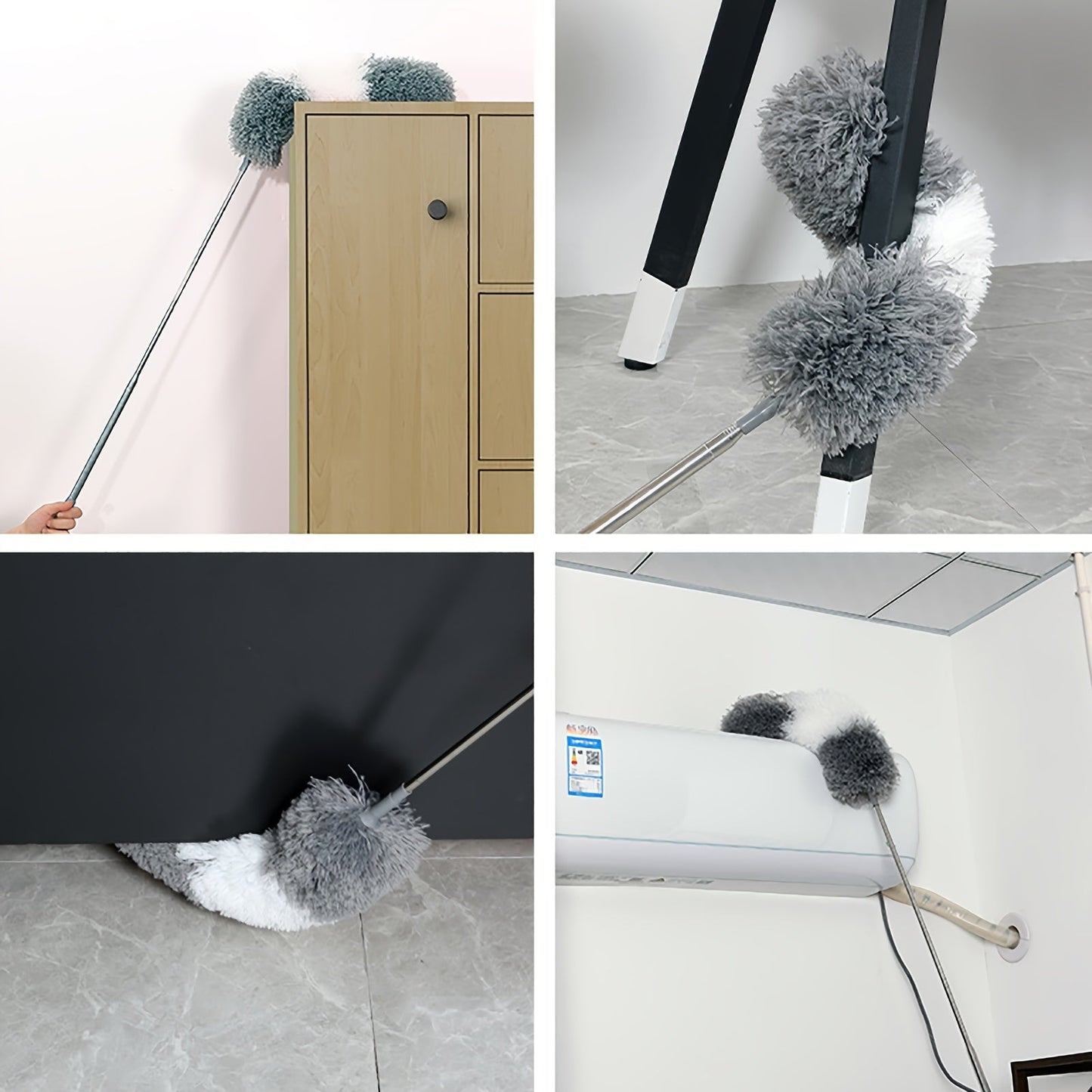 1 set of electrostatic dusters with extension pole, includes a retractable dust removal brush and a flexible dusting brush. These reusable and washable dusters are perfect for cleaning high ceilings, furniture, cars, and other surfaces. A must-have