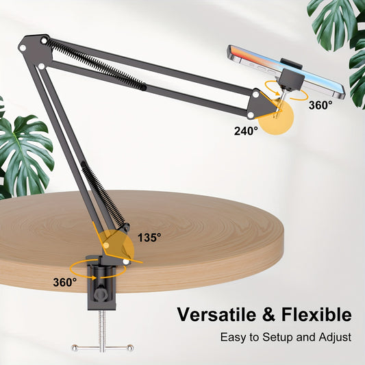 Adjustable cell phone and tablet stand with rotating holder for desk or other surfaces. Ideal for broadcasting, cooking, or watching videos in any room.