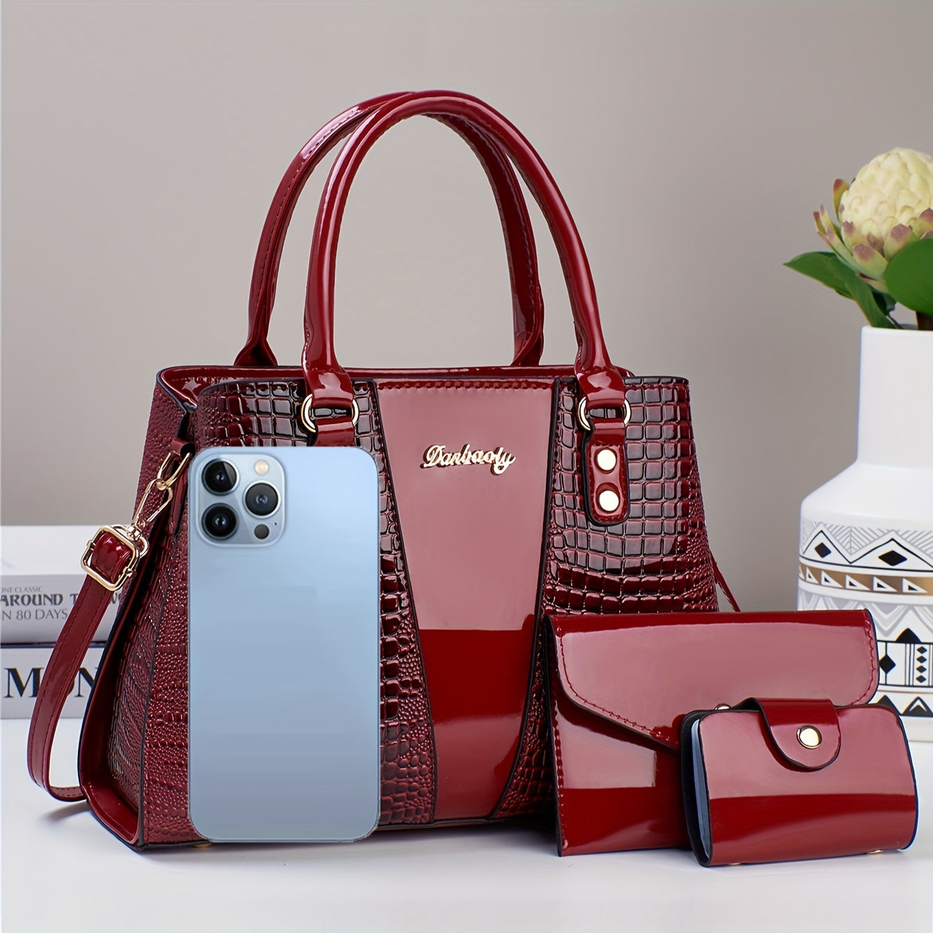 3-piece PU handbag set with crocodile pattern, large capacity crossbody bag, coin purse, card holder, lightweight shoulder bag with sequins and zipper closure