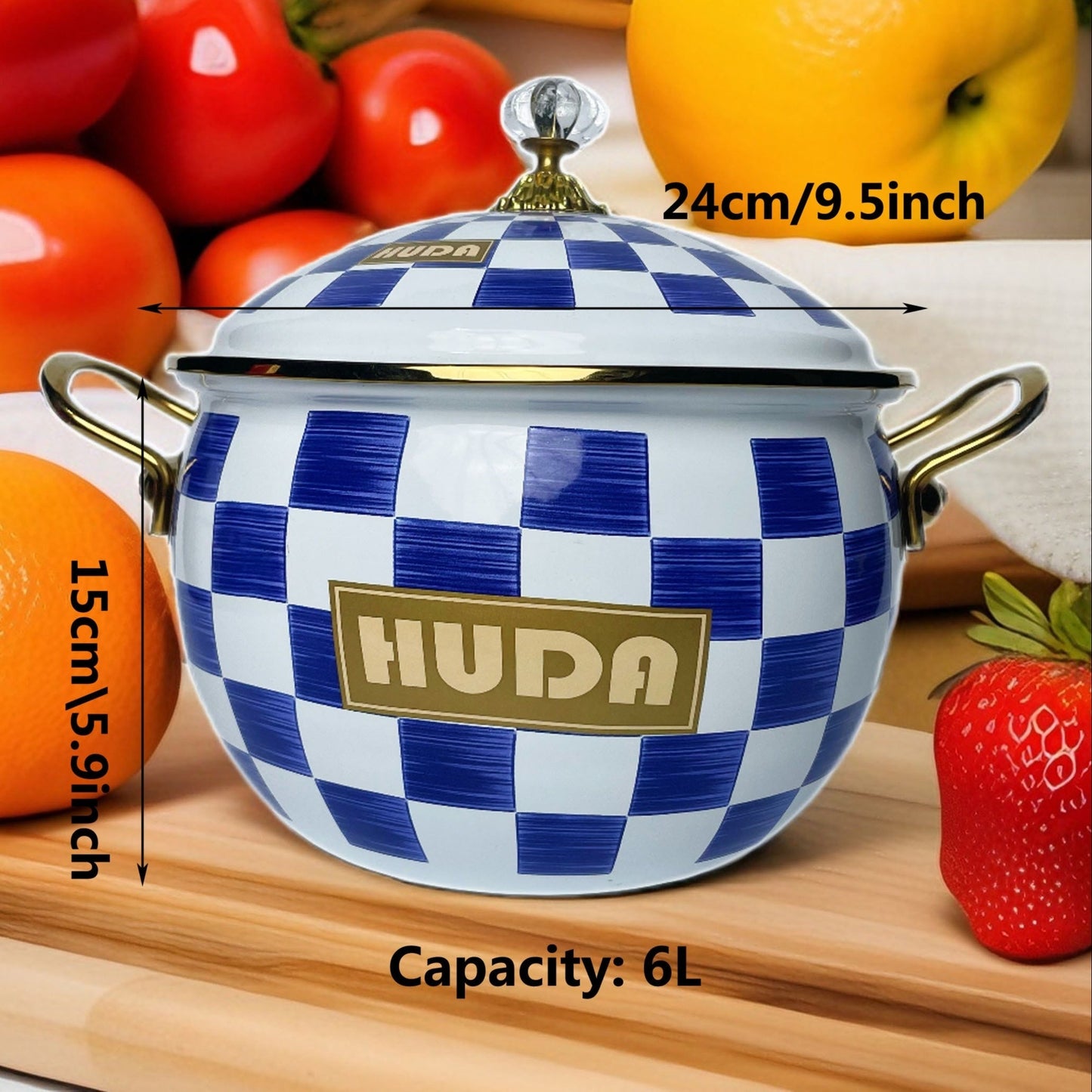 Large capacity enamel coated stockpot with lid, featuring a thick construction and vintage style. This double-handled stew and soup pot is perfect for versatile cooking and is suitable for gas and induction cooktops.