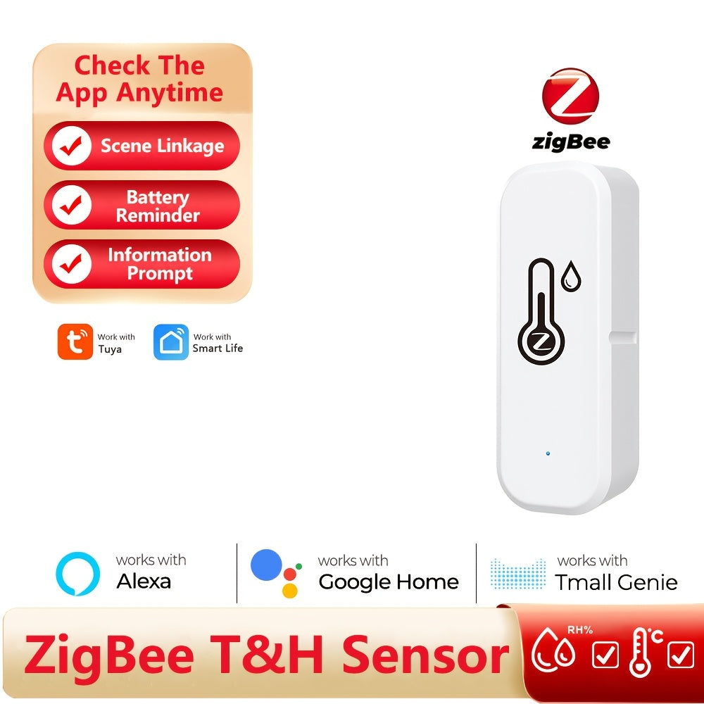 Smart sensor for detecting temperature and humidity changes, connects to WiFi/ZigBee protocol for app control of air conditioner and humidifier. Can be operated remotely via mobile phone