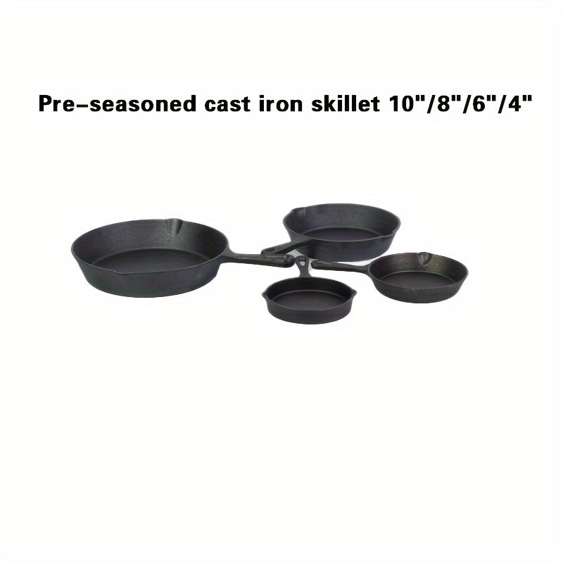 This 4-Piece Set of Cast Iron Skillets is Pre-Seasoned and Must be Hand Washed. Suitable for Indoor and Outdoor Use, Compatible with Grill and Stovetop. Set includes Chef Sizes 25.4cm, 20.32cm, 15.24cm, and 10.16cm with Cast Iron Handles.