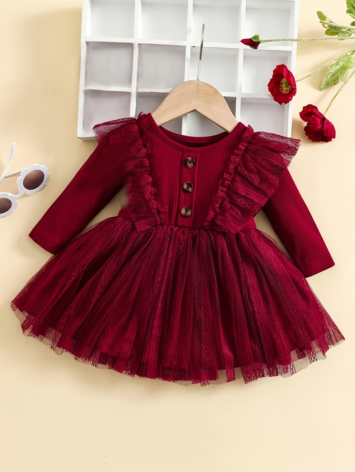 Stylish girl's dress with ruffle trim & mesh detail, ideal for Spring/Fall. Made from stretchy polyester blend.