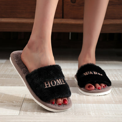 Women's Plush Faux Rabbit Fur Slippers in Soft Pink & Grey with "Home" Detail, Cozy Open-Toe Slip-On Design for Indoor Comfort. Luxurious House Shoes for Lounge or Bedroom.