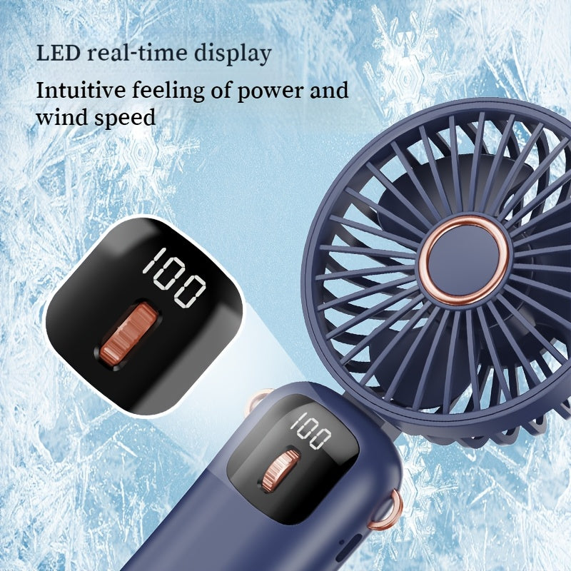 Handheld Fan with Phone Holder, Portable LED Display, Foldable Design, Adjustable Speeds, Rechargeable Battery, 90° Wind Angle, Cord Included, Suitable for Indoor & Outdoor Use, Made of Durable Plastic