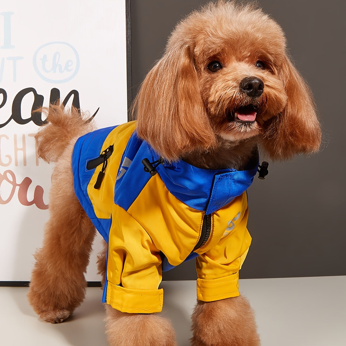 Reflective winter jacket for pets with color block design.