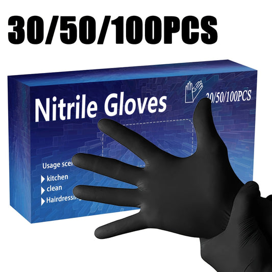 Convenient packs of 30, 50, or 100 black nitrile gloves, perfect for household and bathroom cleaning, nail care, pet grooming, and general home use.