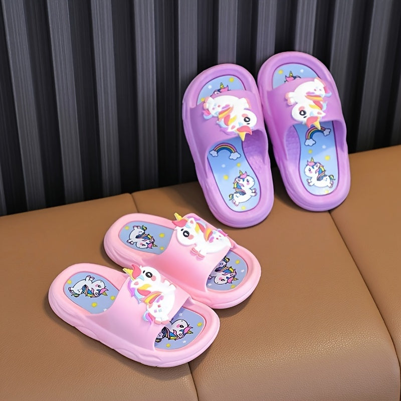 Girls' non-slip unicorn slippers for indoor use year-round.