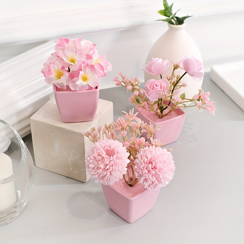 1 set of 3 mini decorative artificial flowers (rose, peach blossom, orchid pink) in small pots, perfect for weddings, home or office decor.