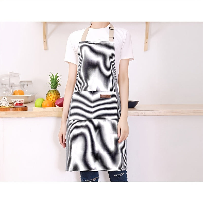 One or two adjustable aprons in a stylish black and white striped design, featuring a convenient pocket for both women and men in the home kitchen. Perfect for cooking, these chef aprons are essential kitchen supplies.