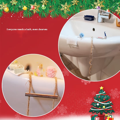 Miniature Bathing Set Accessories includes toothpaste, toothbrush, sponge, bucket, and toilet paper rolls for Christmas decorations and fairy garden, suitable for ages 3-6, no electricity required.