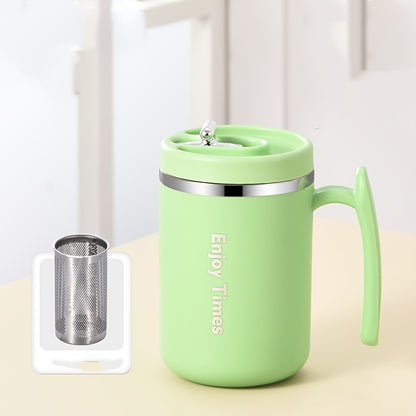 Stylish stainless steel coffee mug with straw, handle, perfect for office, reading, camping. Available in orange, light blue, cream, ideal for drinking coffee or tea.