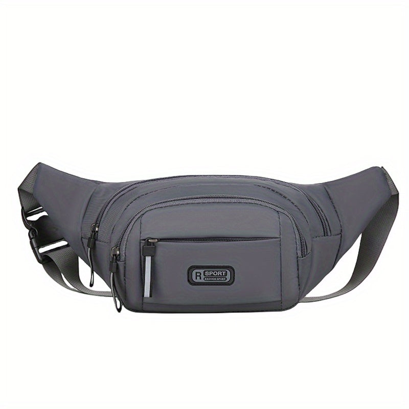 Men's sports waist pack in black. Large capacity, water-resistant, fashionable and durable. Features a phone pouch, adjustable shoulder strap, and wristlet. Hand washable and