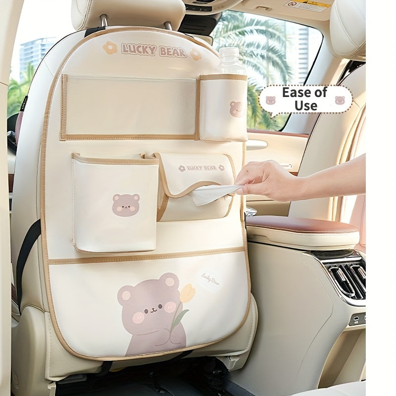 Adorable Bear & Bunny Car Organizer - Versatile Seat Back Storage with Trash Bin, Tissue Holder, Cup & Phone Slots, Long-lasting Faux Leather, Simple to Clean - Ideal Gift for the Holidays