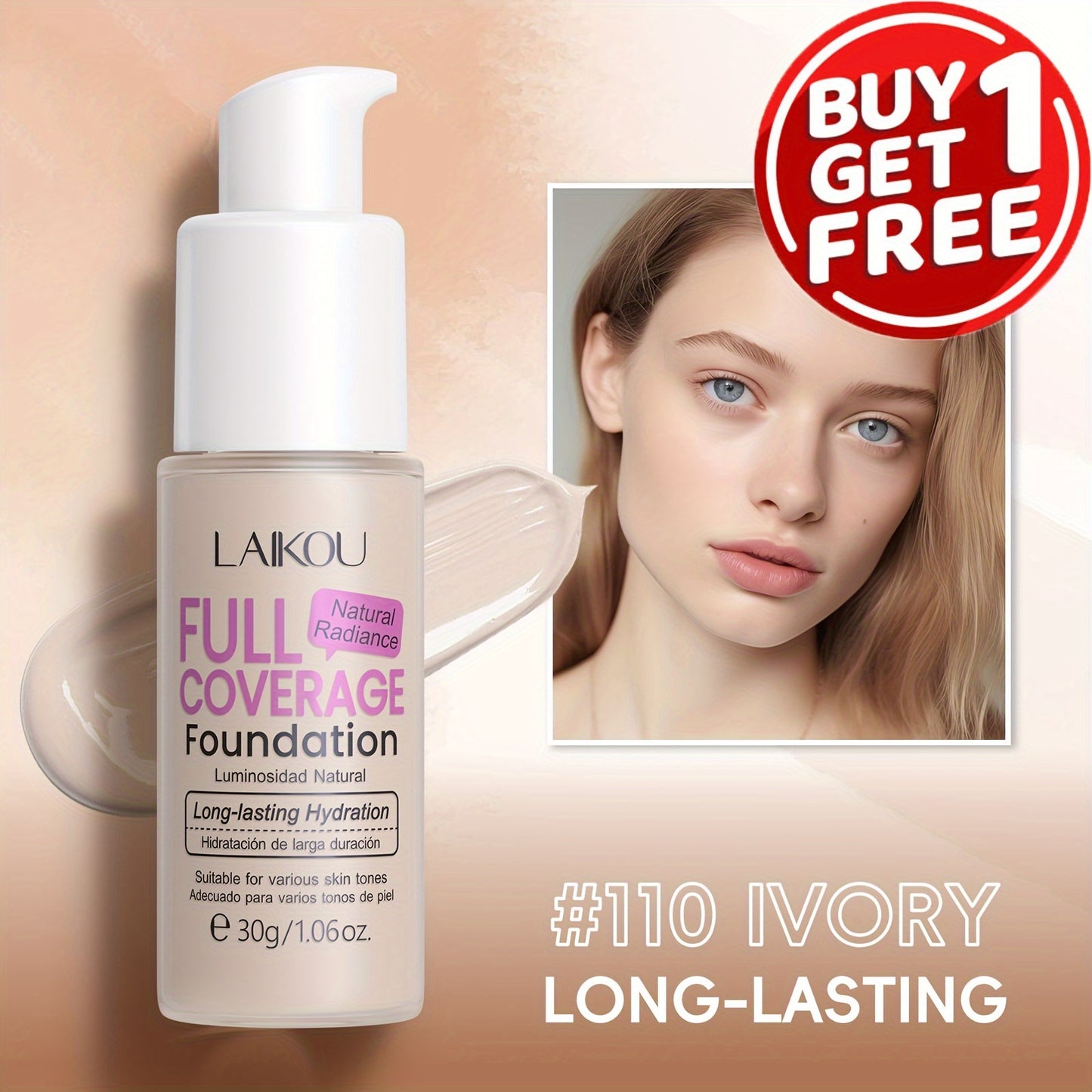 LAIKOU Full Coverage Foundation: Moisturizing, buildable concealment in 6 shades. Infused with hyaluronic acid & pear powder. Suitable for all skin types. Waterproof and pore-minimizing.