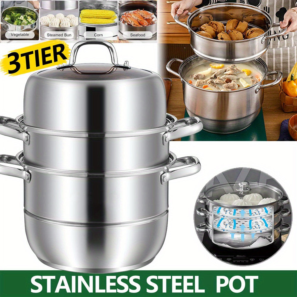 Three-tiered stainless steel steamer pot with a tempered glass lid, measuring 27.94cm in size. Features a thick bottom for cooking vegetables, dumplings, and other dishes in a healthy manner.