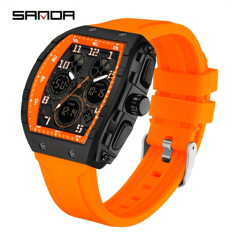 SANDA Fashionable Dial Men's Military Sports Wristwatch, equipped with a Silicone Strap, Multiple Functions, and Waterproof LED Clock.