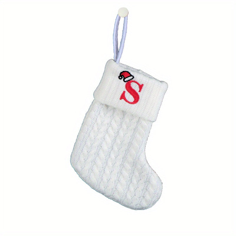 White cable knit stocking with embroidered 'F' - Ideal for indoor decor.